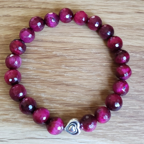 Hand Crafted Jewelry - Handcrafted Fuchsia Tiger Eye Beads w/ Silver Heart Accent Bracelet